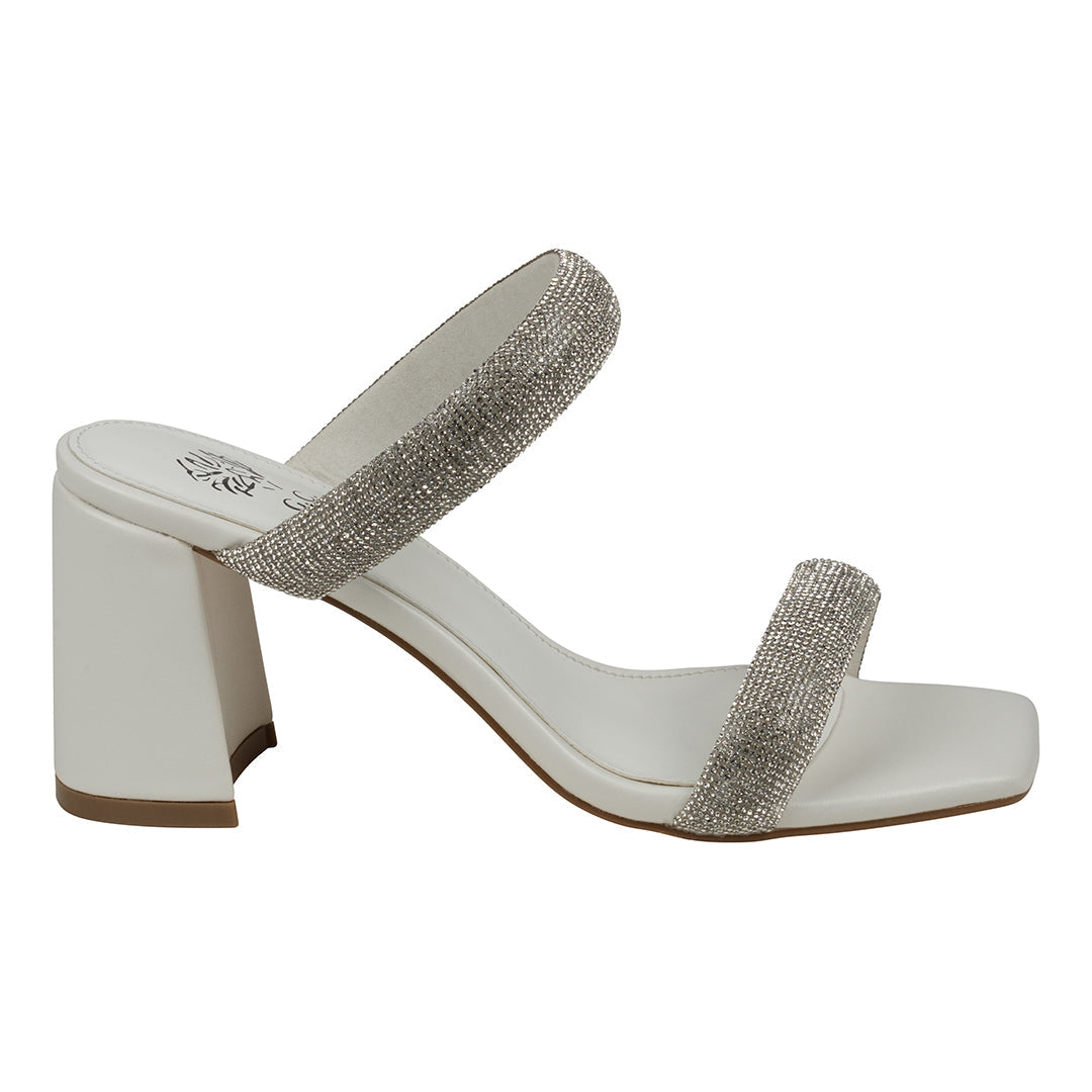 White sandal with rhinestone straps on a white background
