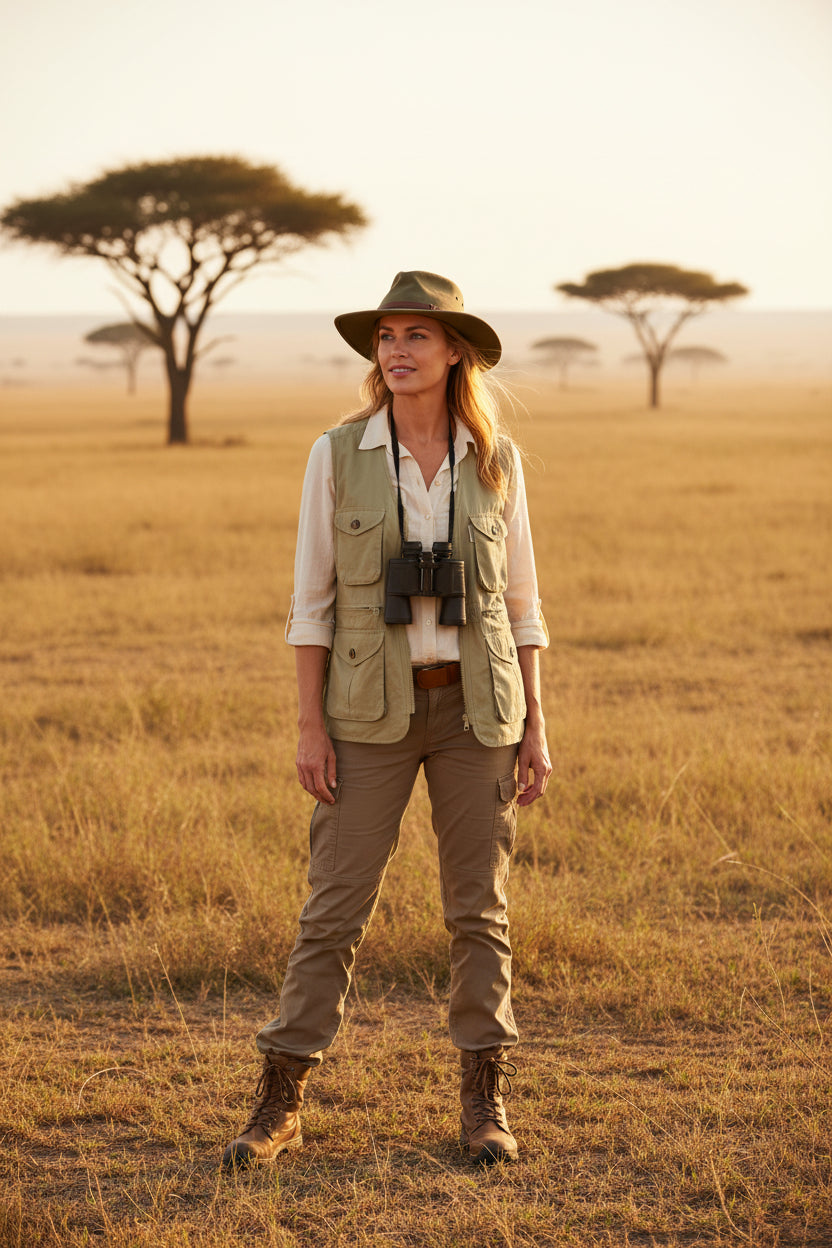 Khaki vest with multiple pockets on a white background