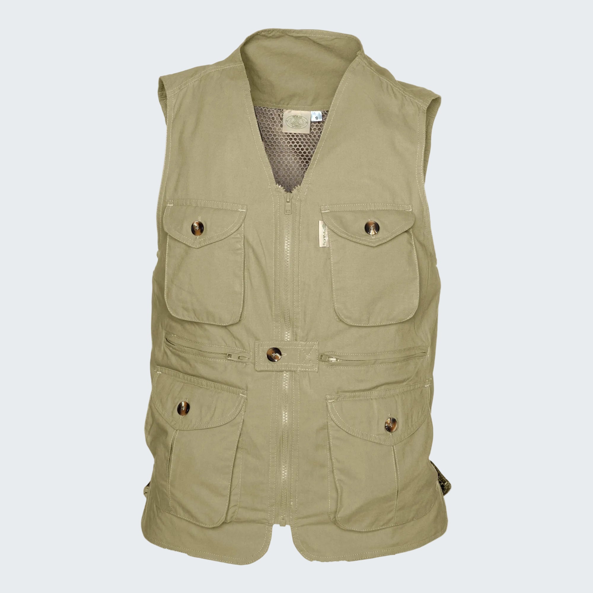 Khaki vest with multiple pockets on a white background