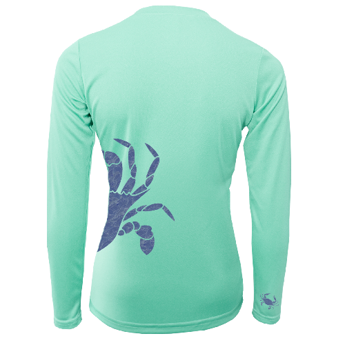 Mint green long-sleeve shirt with a blue graphic on the back against a white background