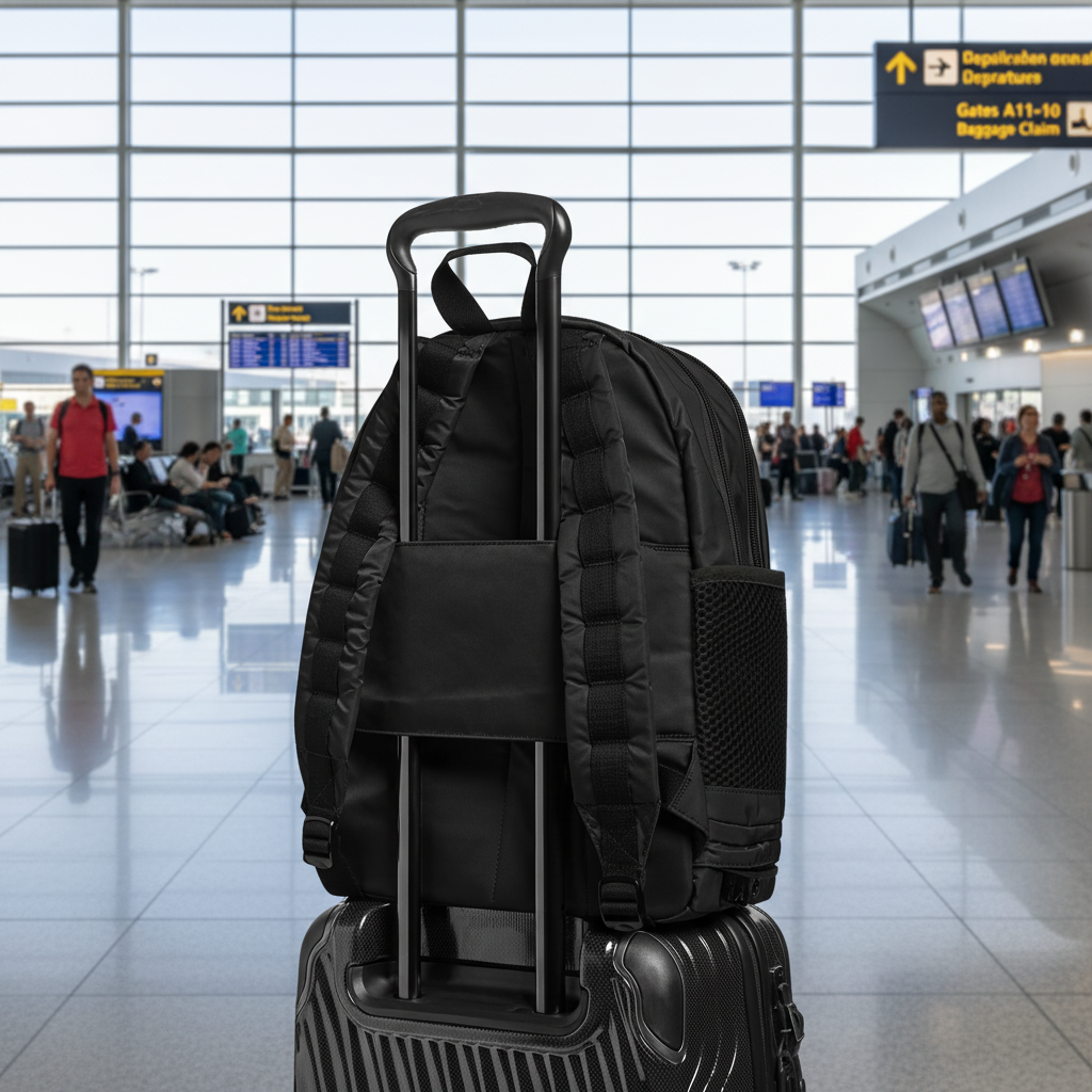 Black backpack with a handle attached to a suitcase on a white background