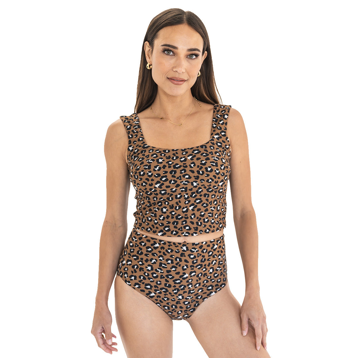 Woman wearing a leopard print two-piece swimsuit on a white background