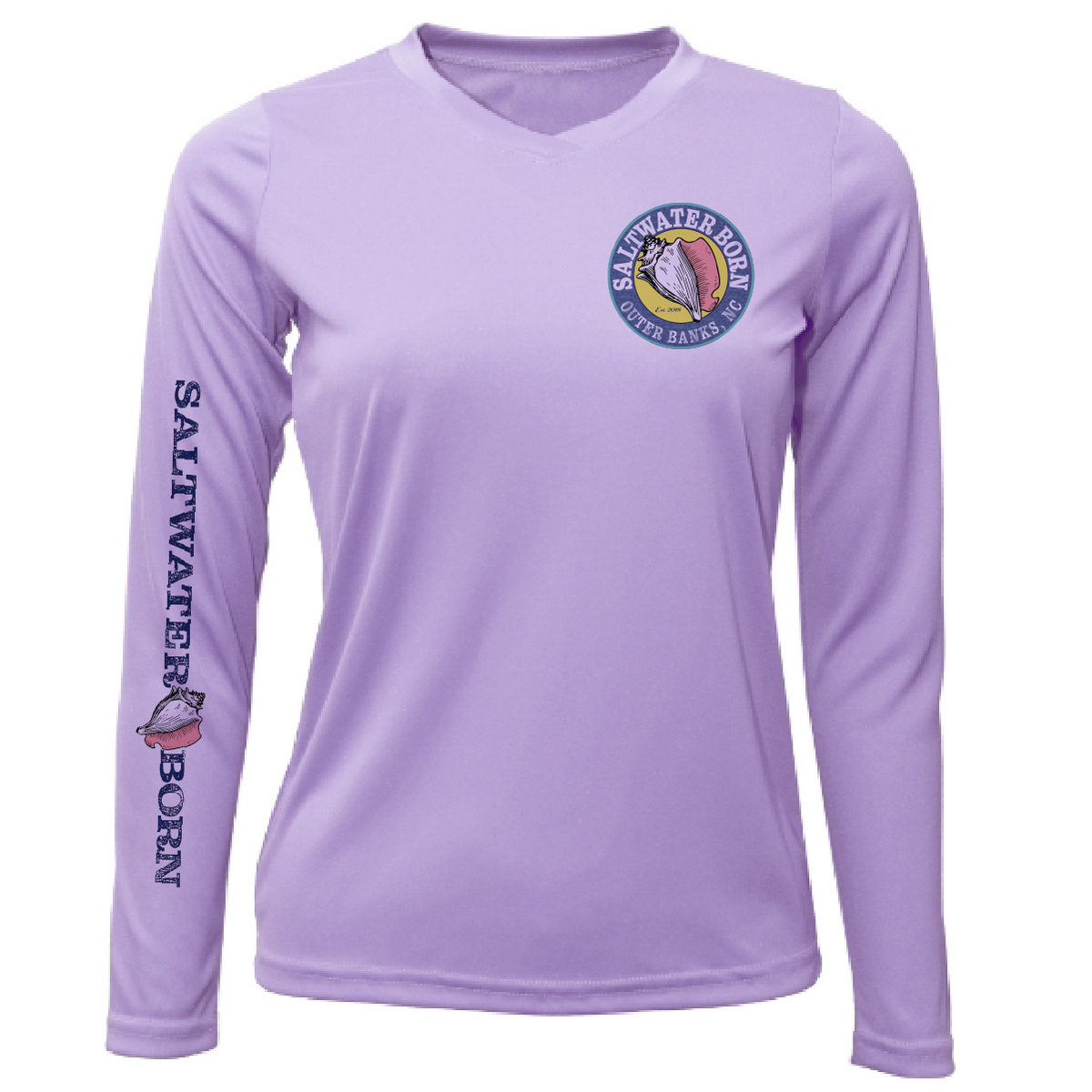 A light purple long-sleeve V-neck performance shirt with 'SALTWATER BORN' printed vertically on the left sleeve and a circular 'Saltwater Born Locomotion' logo on the left chest, shown on a plain white background.