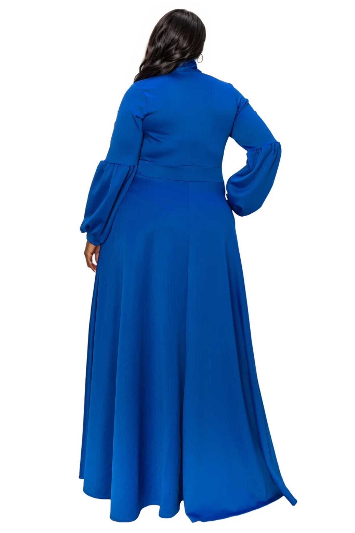 A woman shown from the back wearing a long-sleeved, high-neck maxi dress in a vibrant royal blue, set against a plain white background.