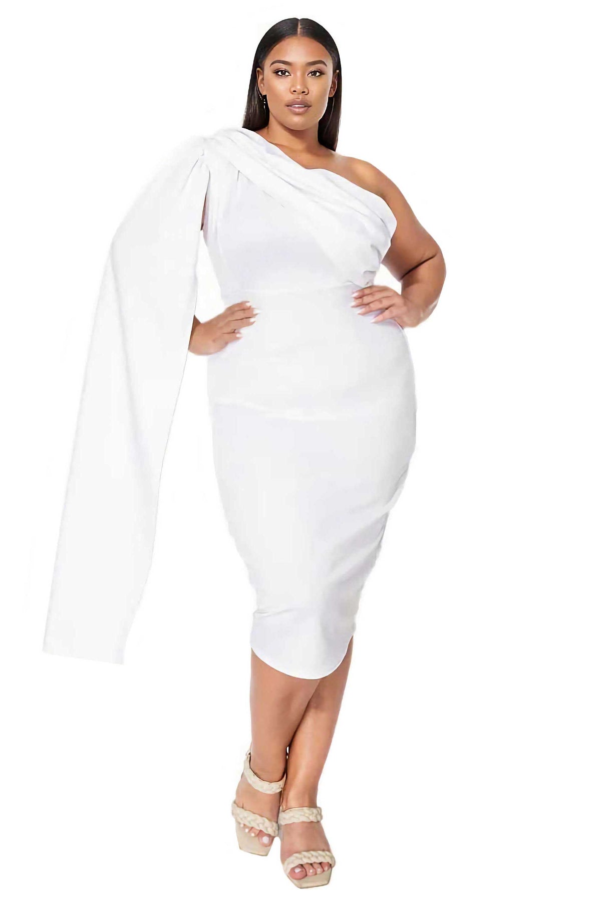 A woman modeling a white one-shoulder midi dress with a long draped sleeve and a fitted silhouette, paired with beige platform sandals, against a plain white background.
