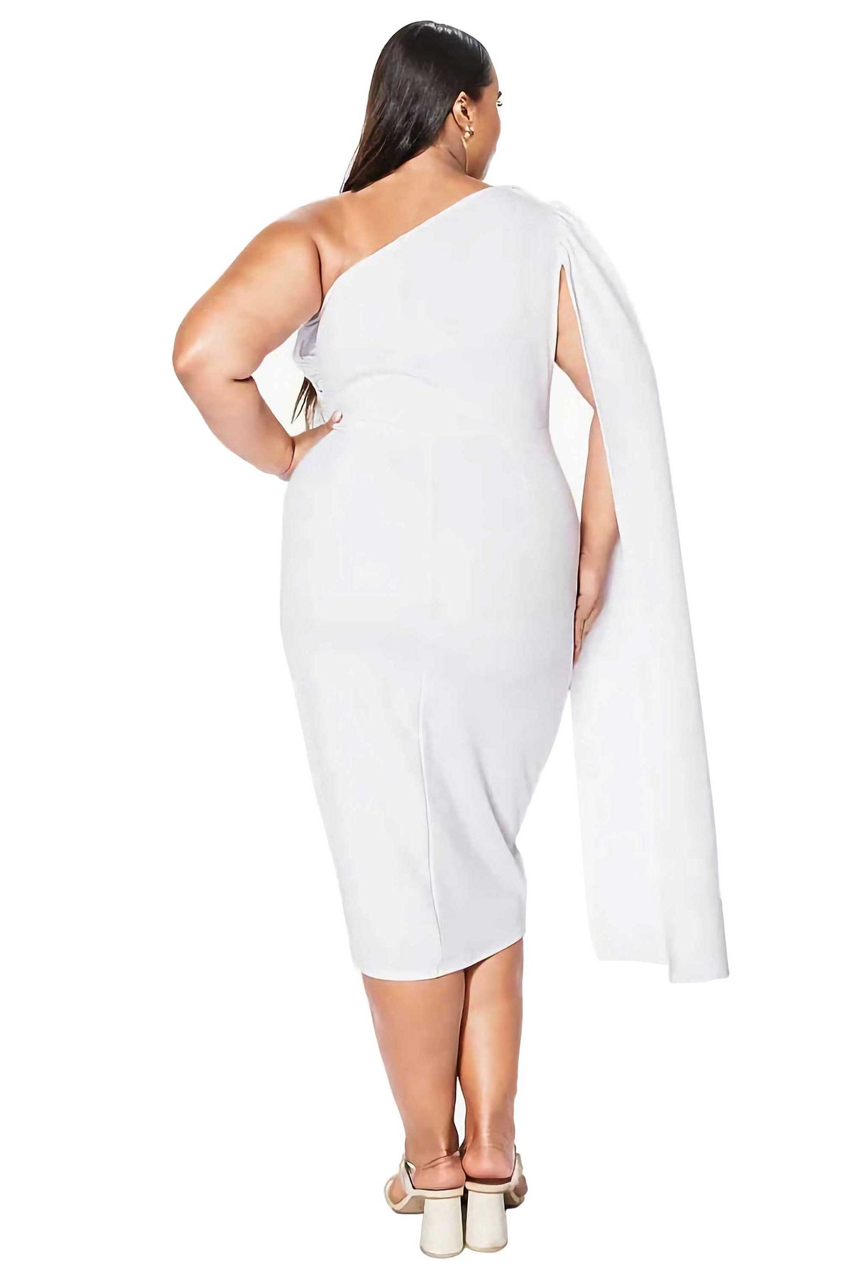 A woman modeling a white one-shoulder midi dress with a draped cape-style sleeve, shown from the back against a plain white background.