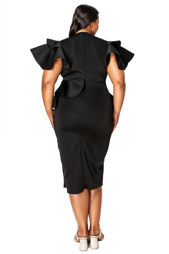 A woman viewed from the back wearing a black midi dress with dramatic ruffled cap sleeves and a wrap-style back, paired with white heeled sandals against a plain white background.