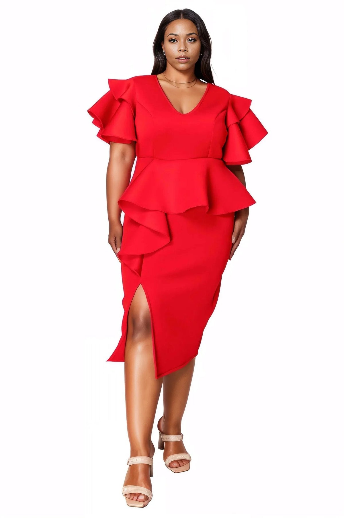 A woman modeling a bright red midi dress with layered ruffle details on the shoulders and waist, a V-neckline, and a side slit, paired with beige platform sandals against a plain white background.