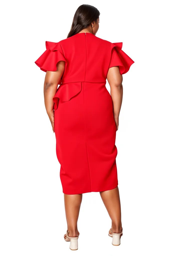 A woman viewed from the back wearing a bright red knee-length dress with dramatic ruffled short sleeves and a matching belt, paired with white heeled sandals against a plain white background.