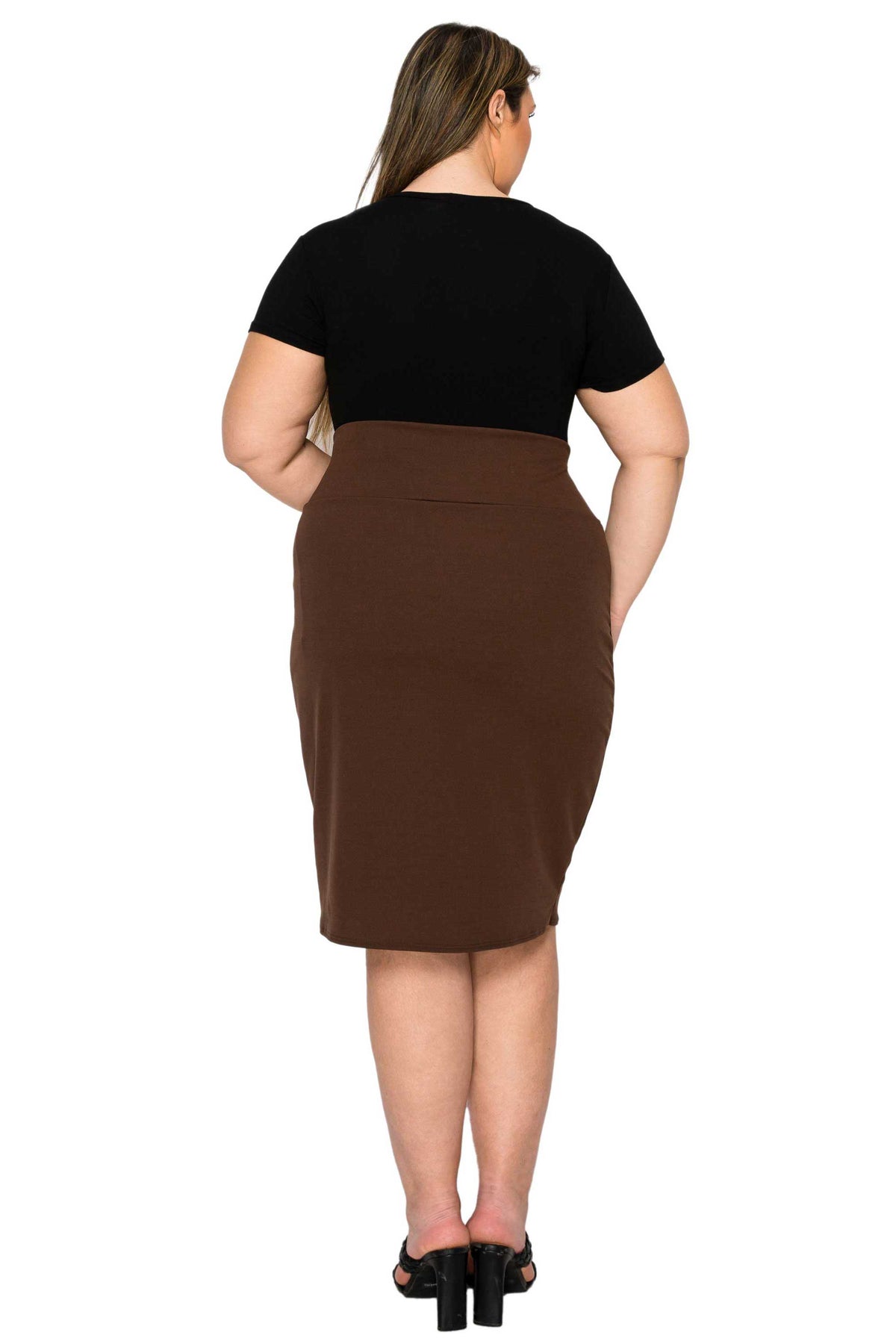 A woman shown from the back wearing a black short-sleeve top and a brown knee-length pencil skirt, paired with black high heels, against a plain white background.