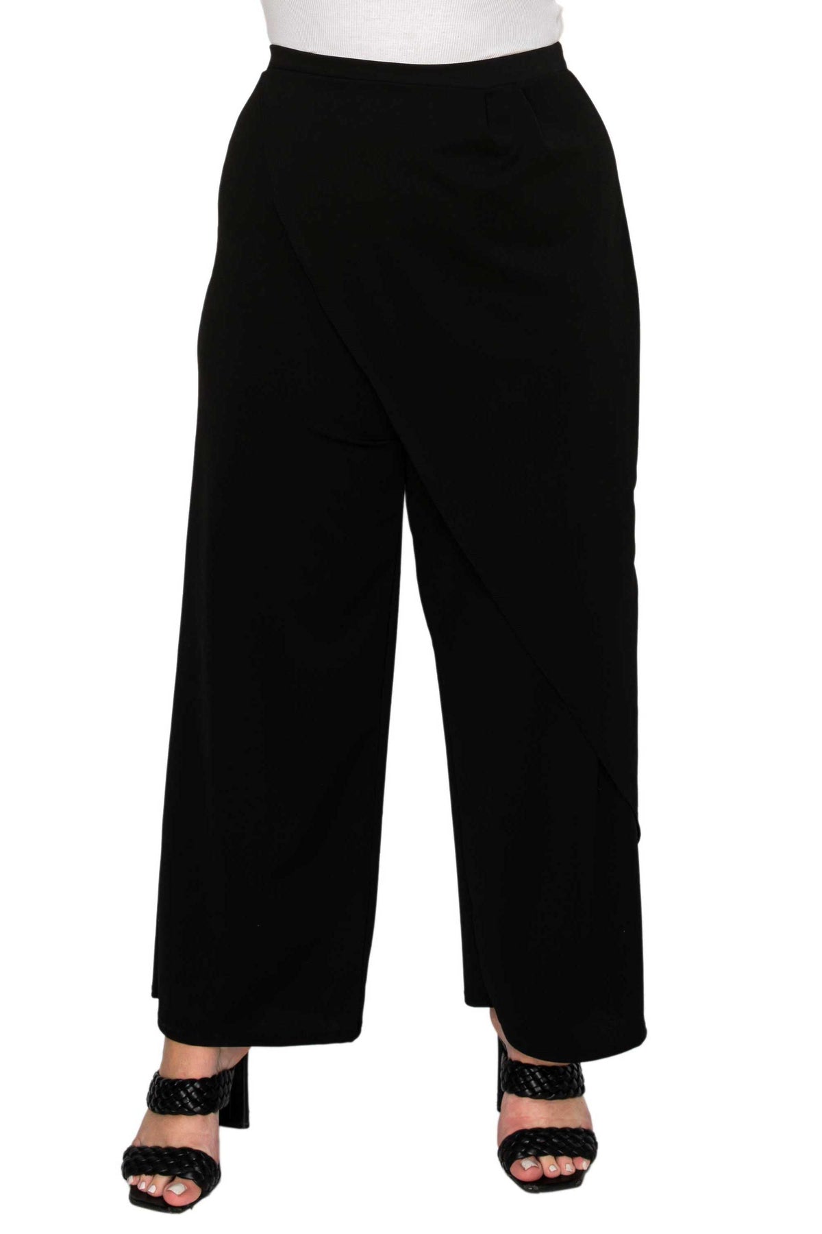 Black wide-leg cropped pants shown on a model from the waist down, paired with black strappy heels against a plain white background.