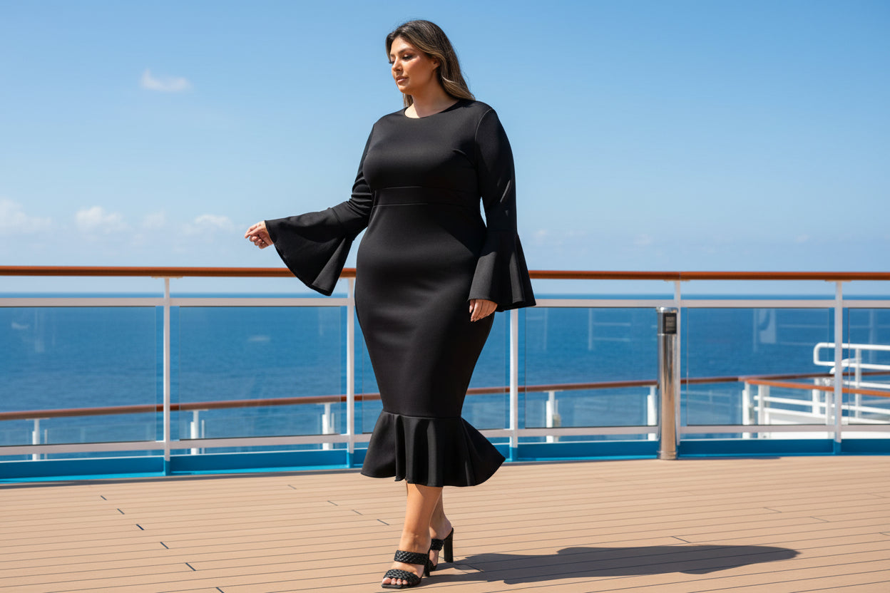 A woman modeling a black long-sleeve midi dress with flared bell sleeves and a ruffled hem, paired with black strappy heels, against a plain white background.