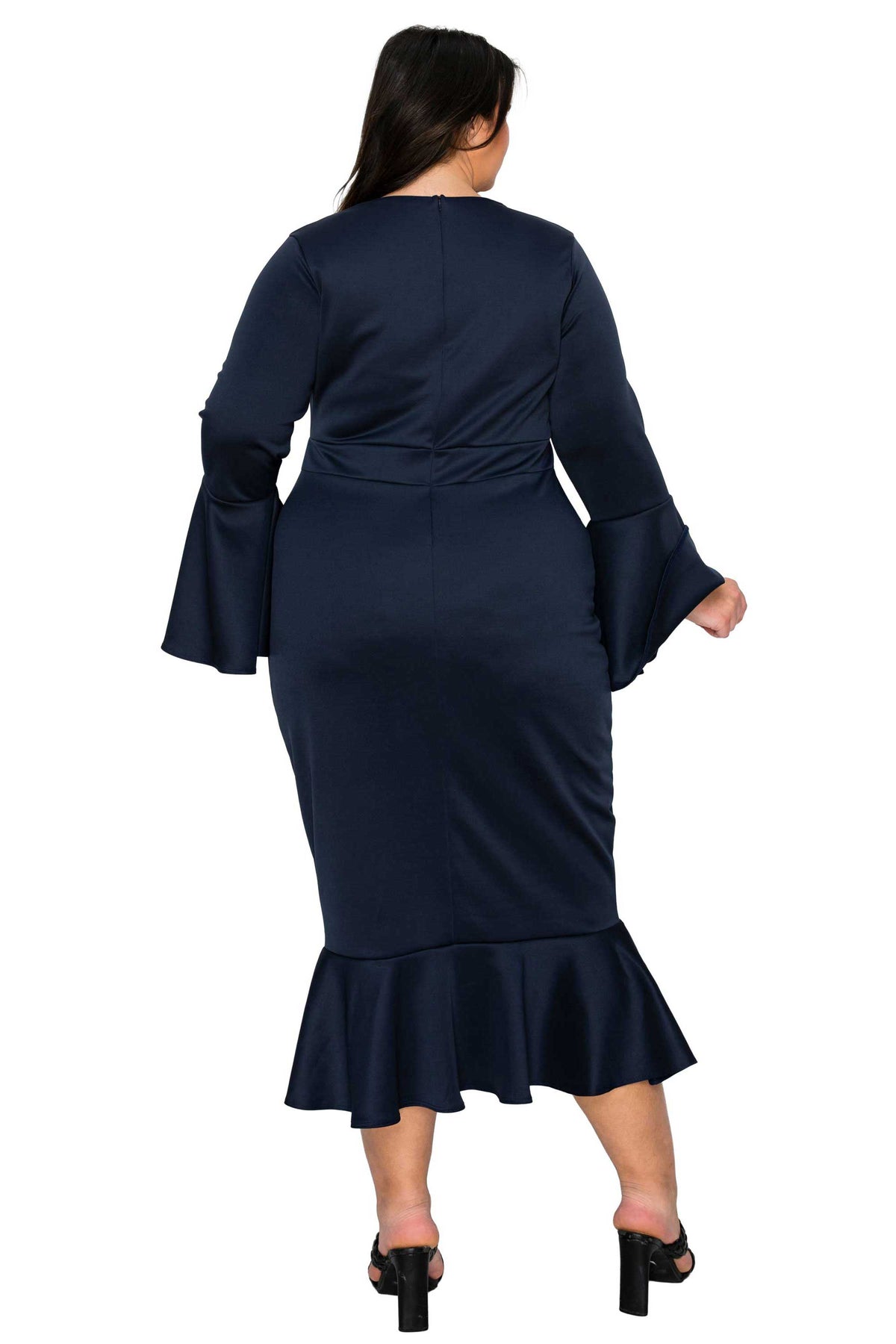 Navy blue dress with bell sleeves and ruffled hem on a white background