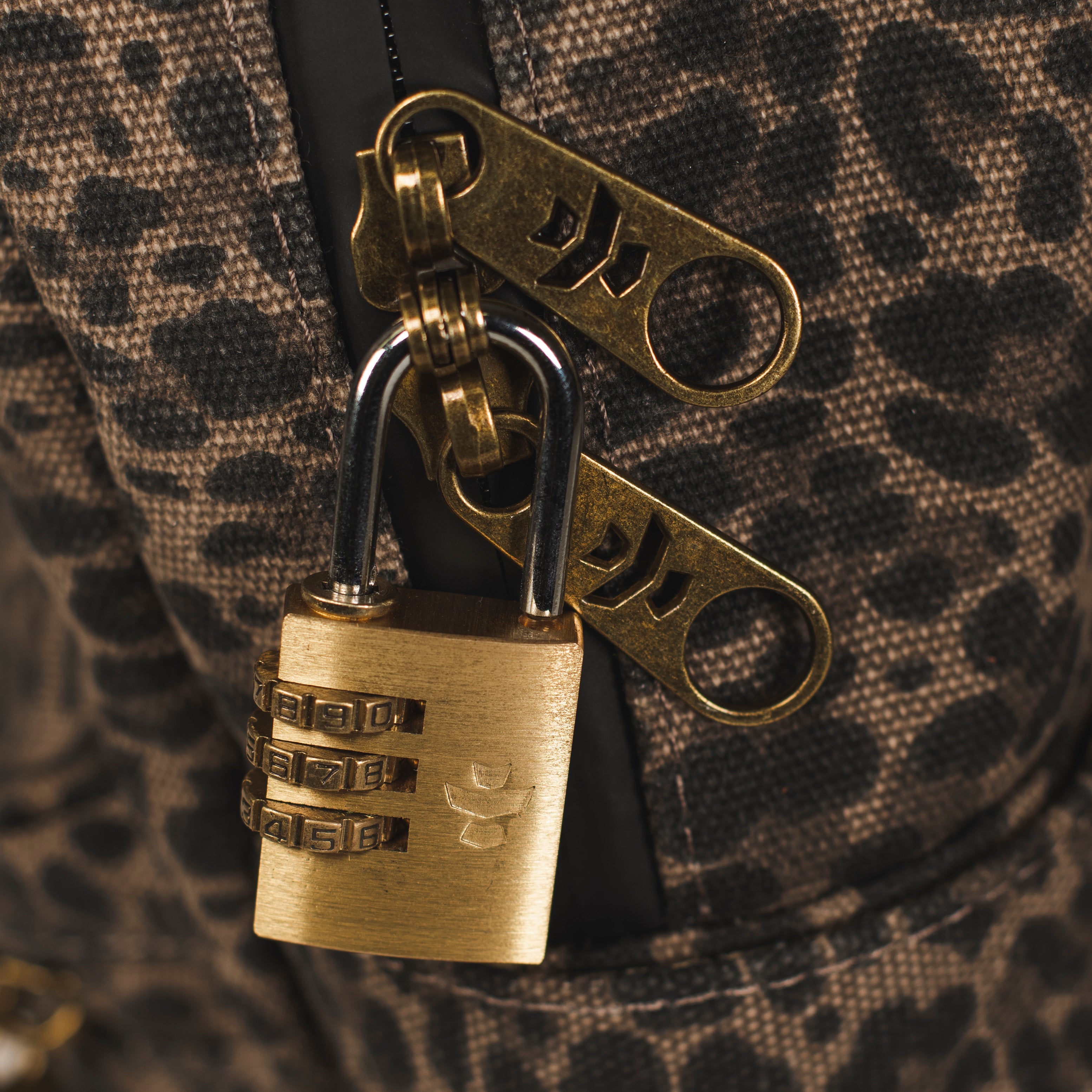 Brass padlock with keys on a leopard print background