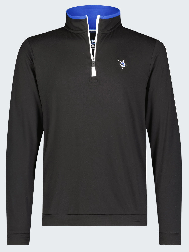Black long-sleeve shirt with a white zipper and blue collar on a white background