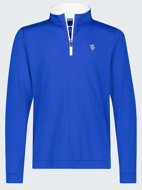 Blue pullover with a small logo on a white background