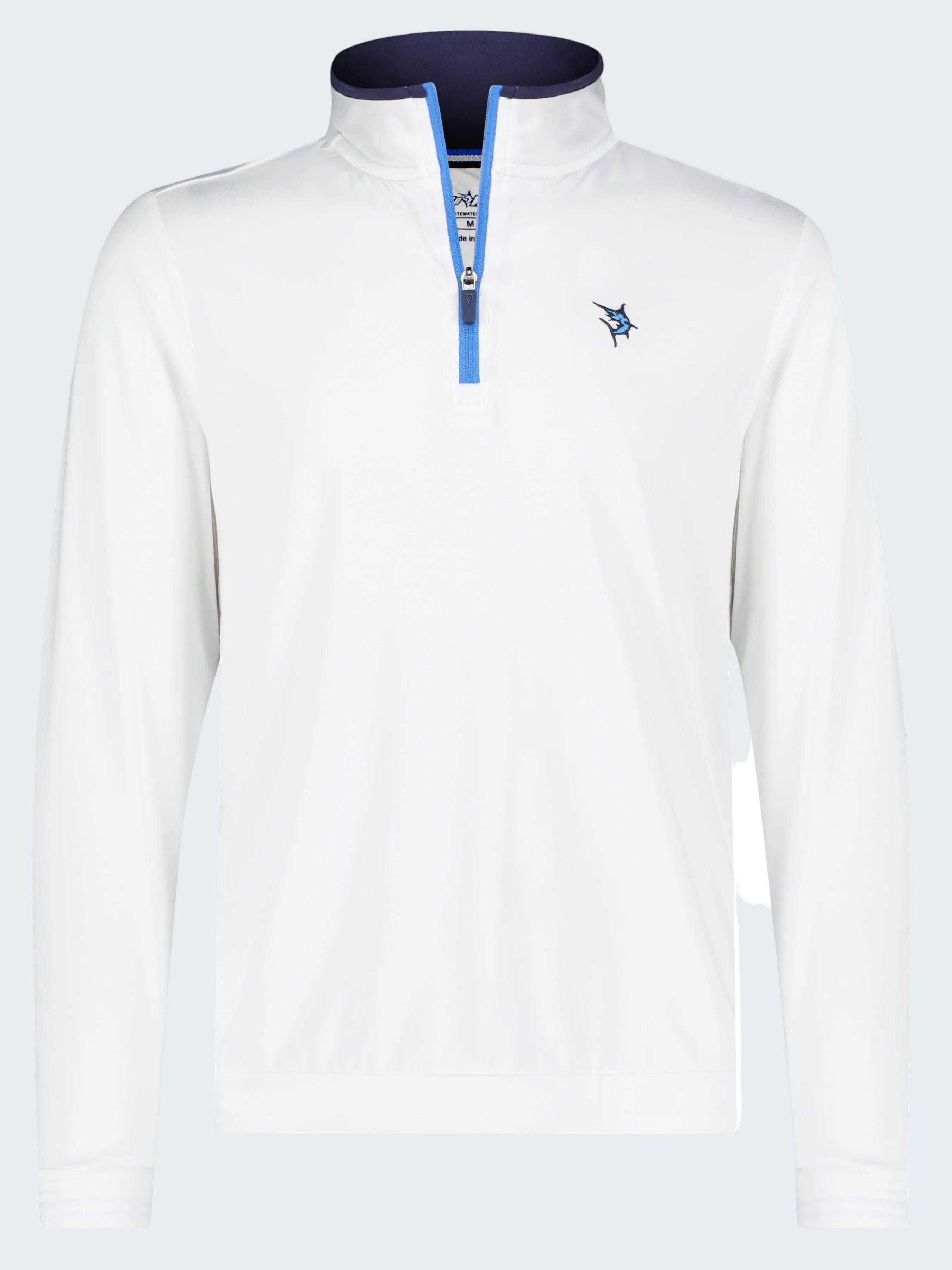 White long-sleeve shirt with a blue zipper on a white background