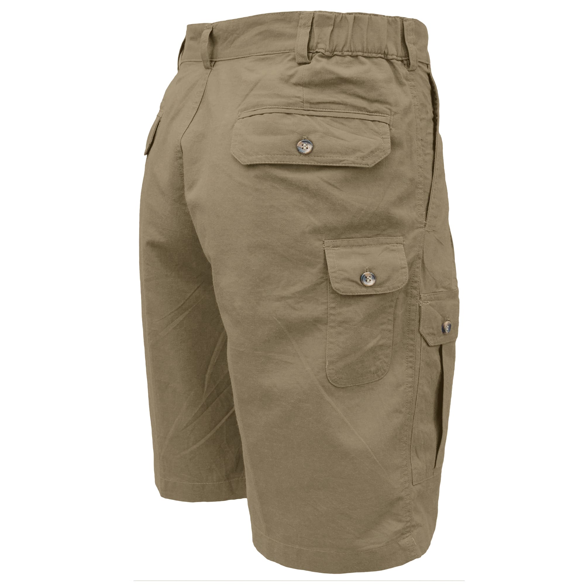 Khaki cargo shorts on a white background