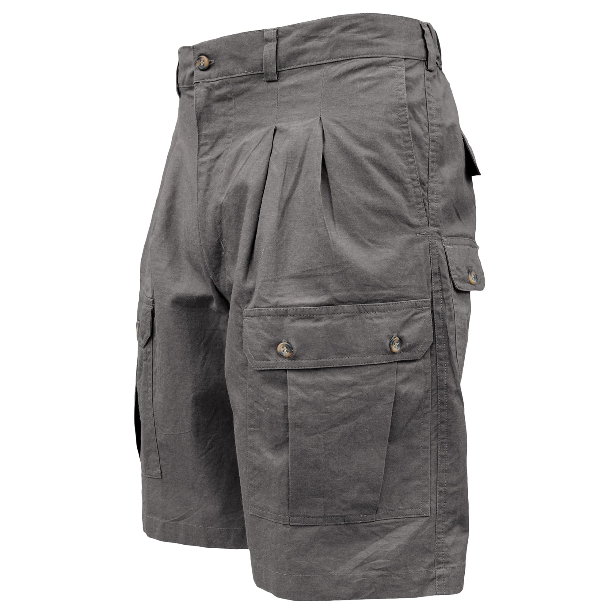 Gray cargo shorts on a white background