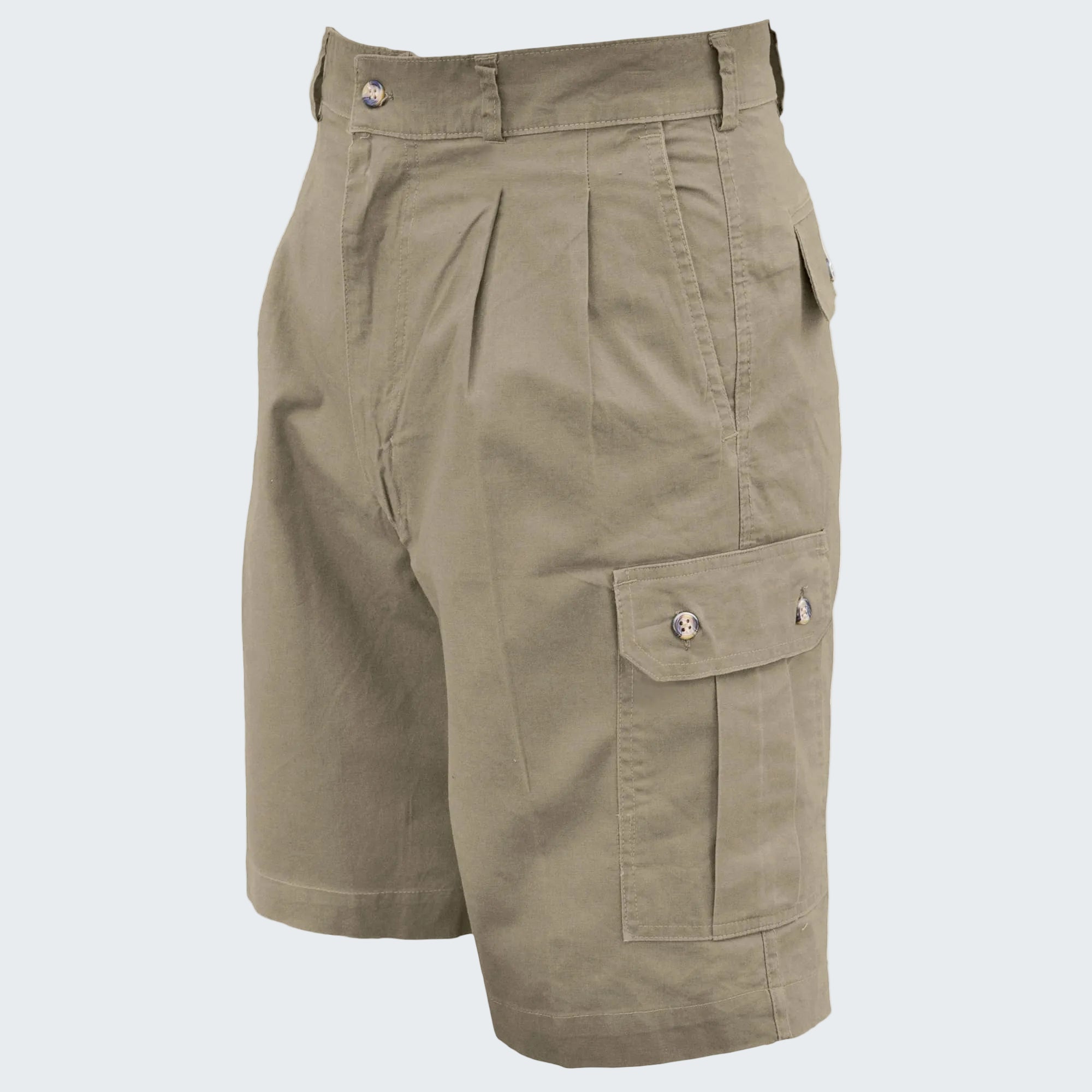 Khaki cargo shorts on a white background
