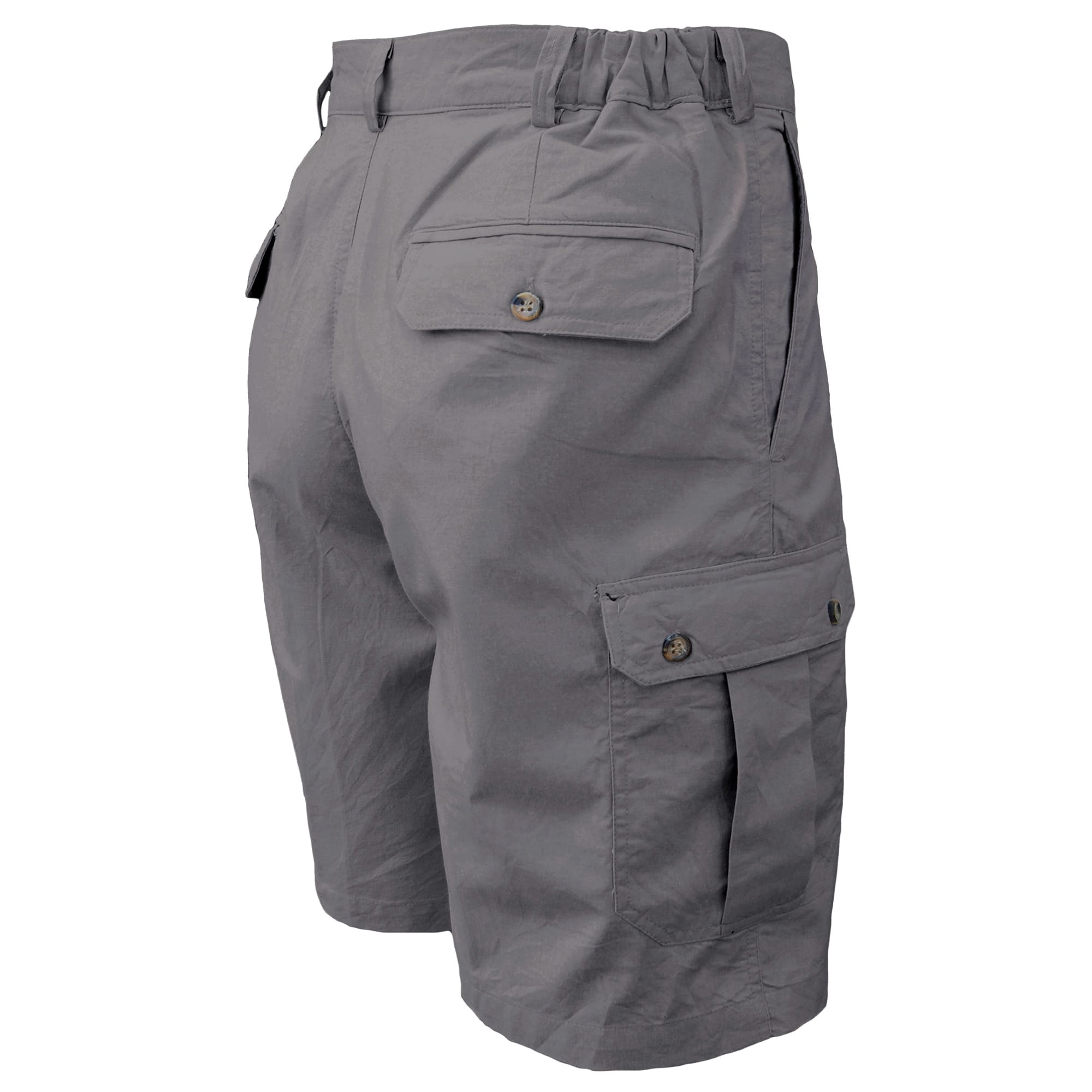 Gray cargo shorts on a white background