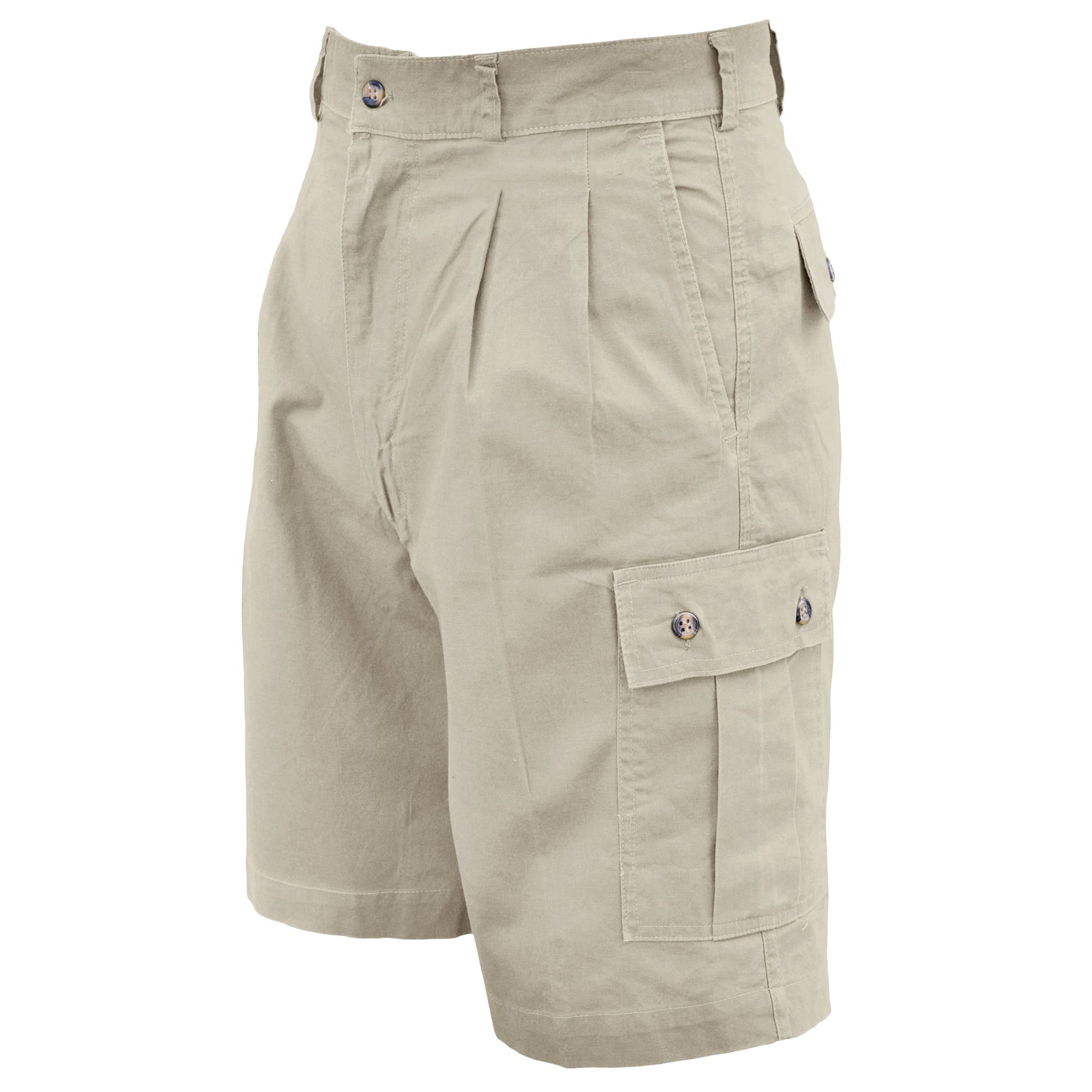 Beige shorts with multiple pockets on a white background