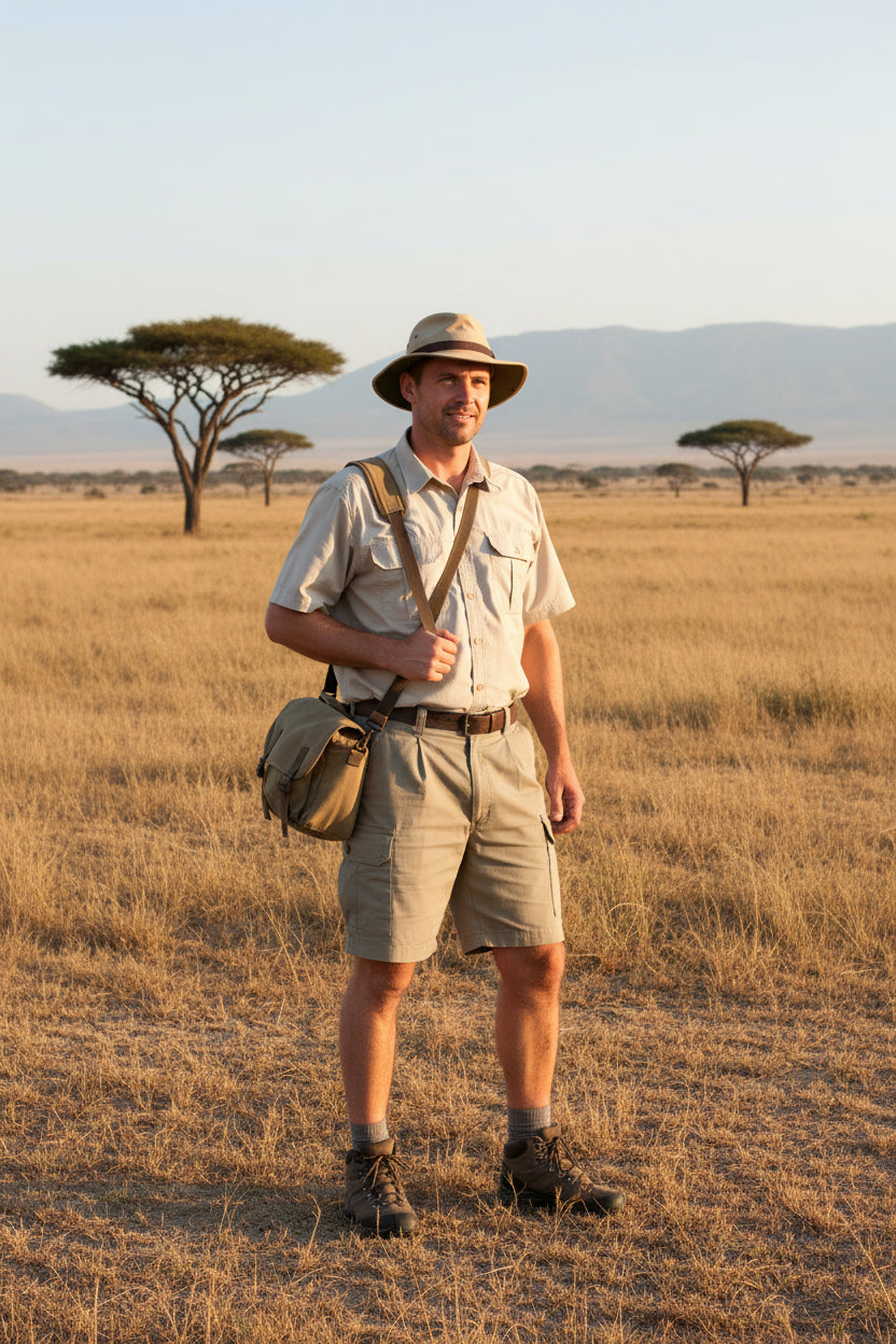 Beige shorts with multiple pockets on a white background