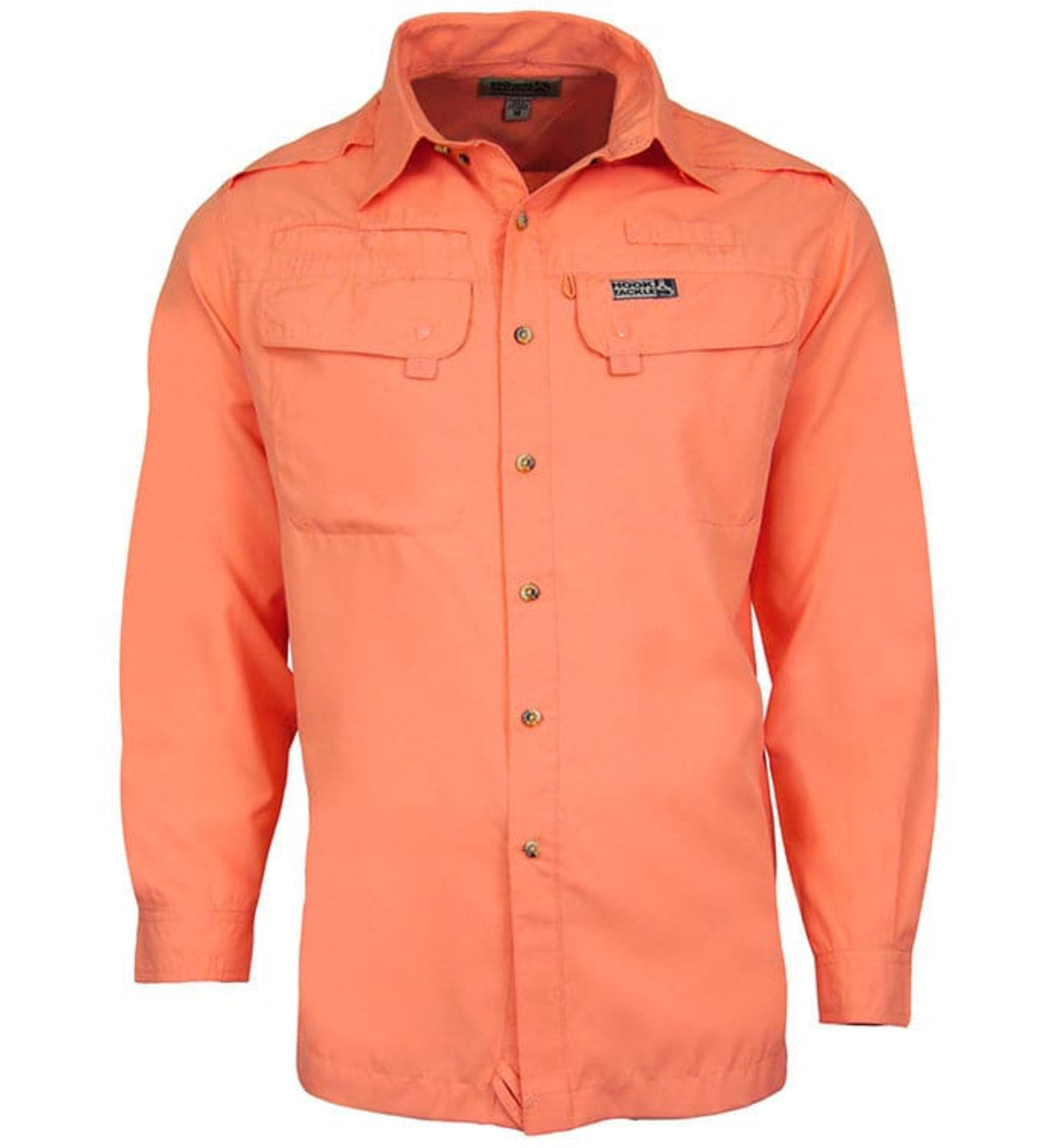 Orange shirt with button details on a white background