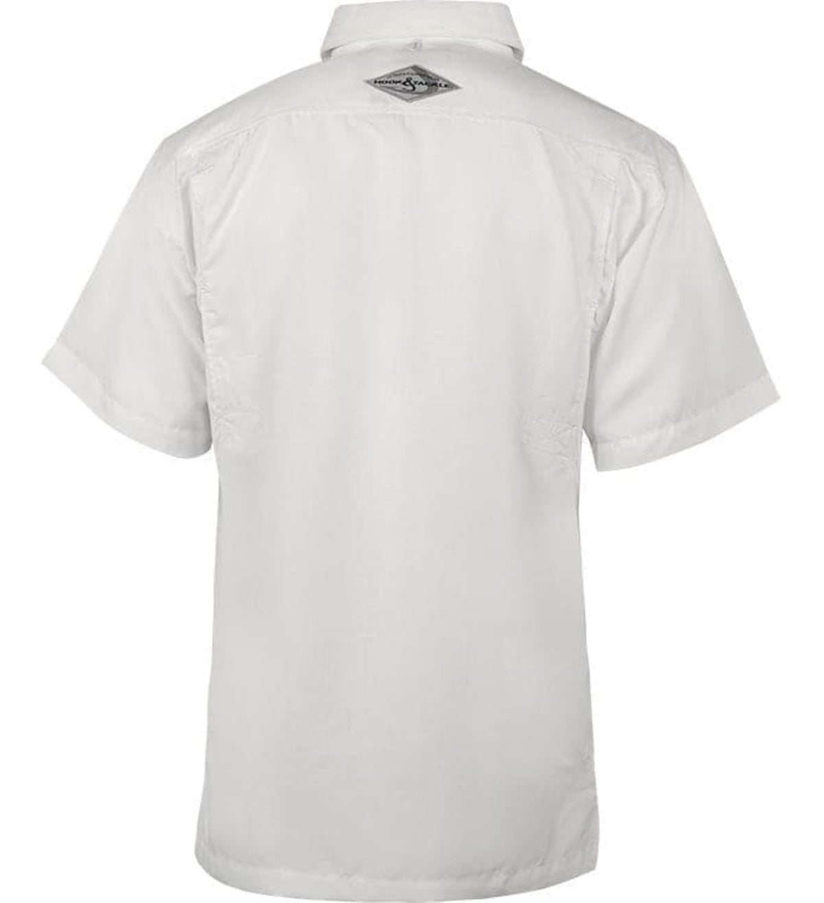 White polo shirt with a logo on the back against a white background