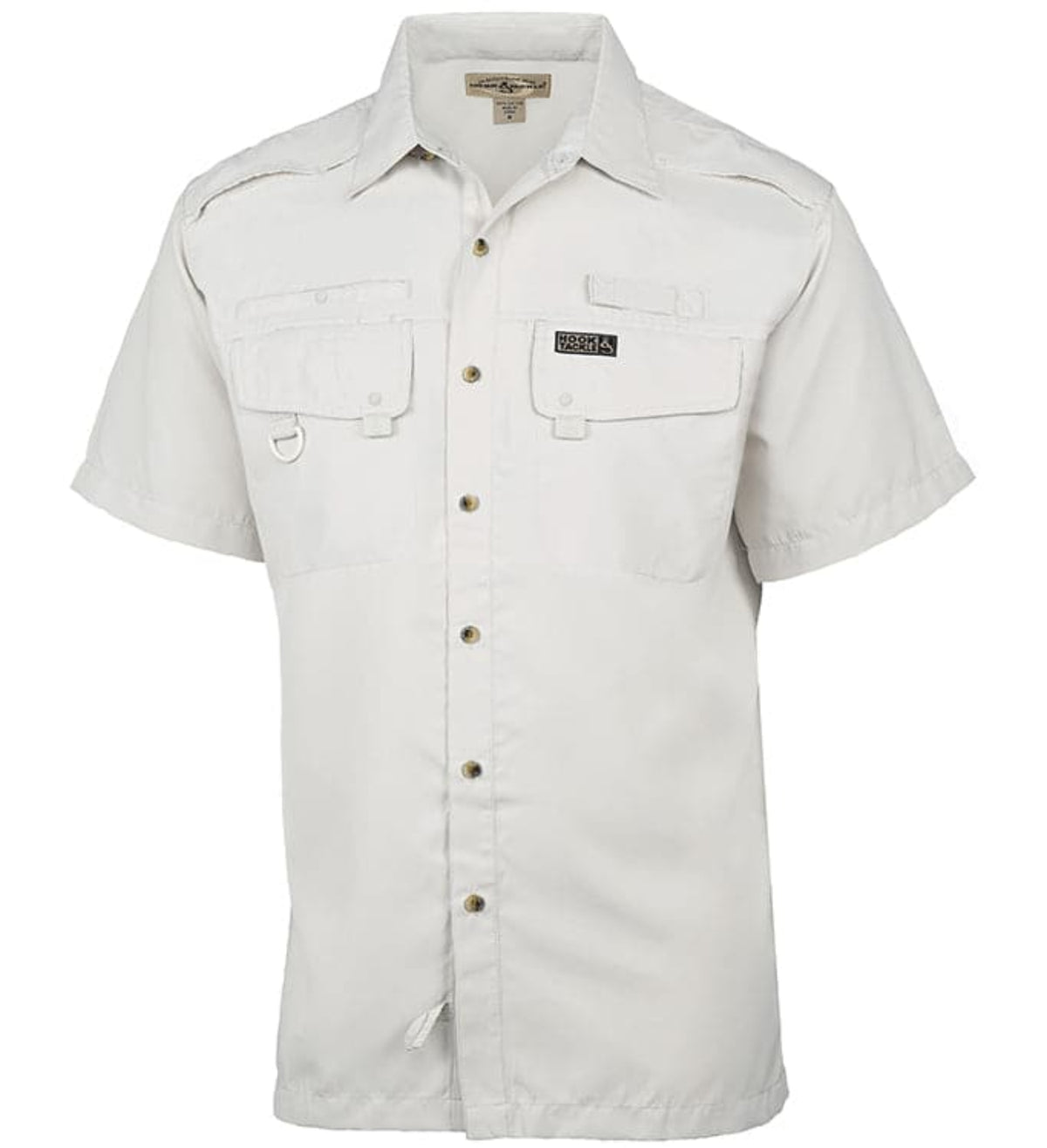 White short-sleeve shirt with button details on a white background