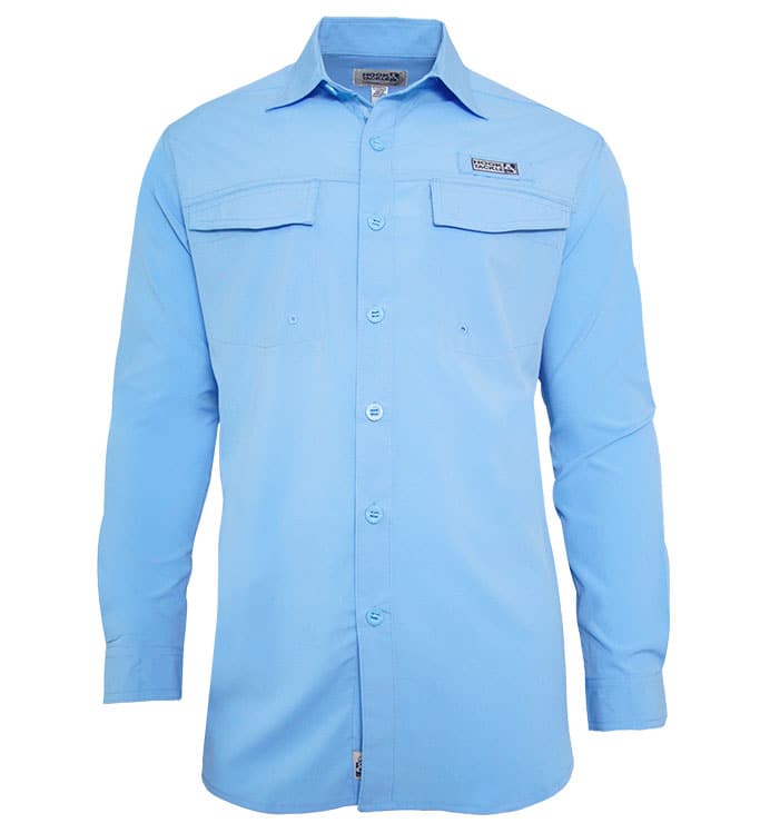 Light blue button-up shirt with a brand logo on a white background