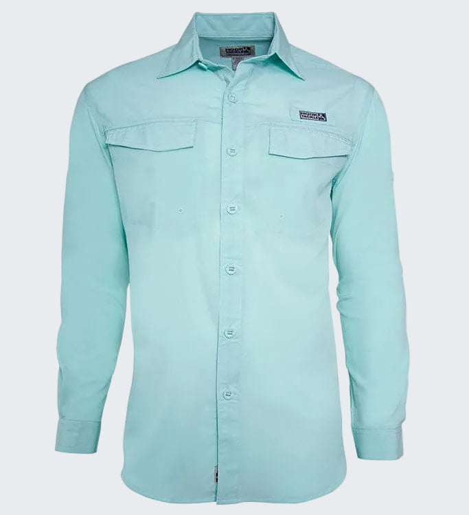 Light blue button-up shirt with a brand logo on a white background