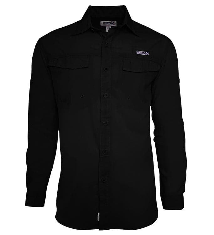 Black button-up shirt with a brand logo on a white background