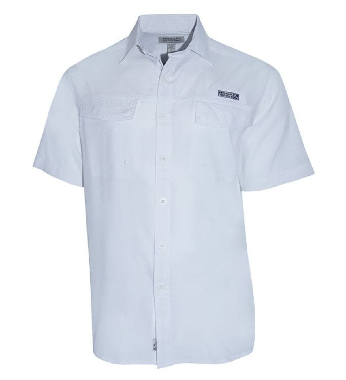 Light blue short-sleeve shirt with a brand logo on a white background