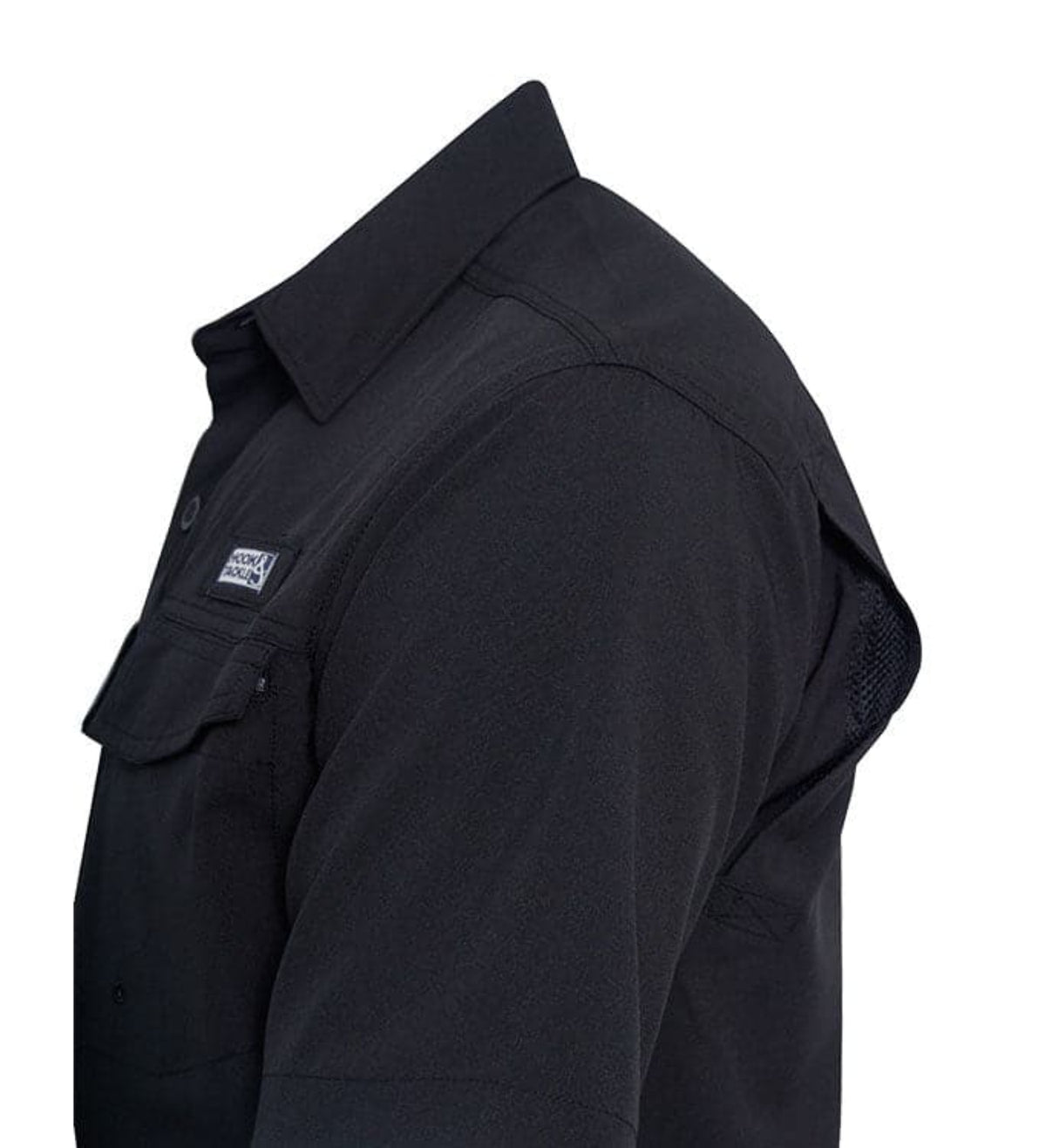 Black jacket with a visible brand logo on a white background