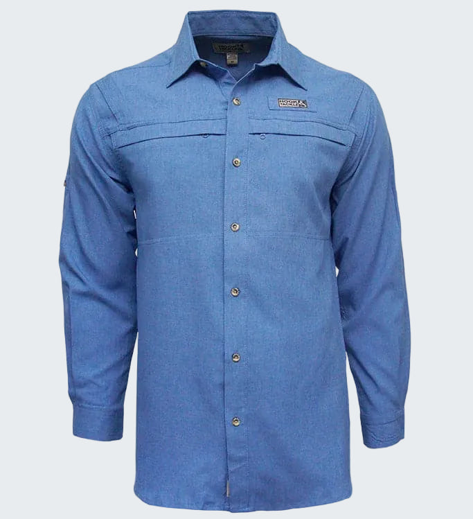 Blue button-up shirt with brand logo on a white background