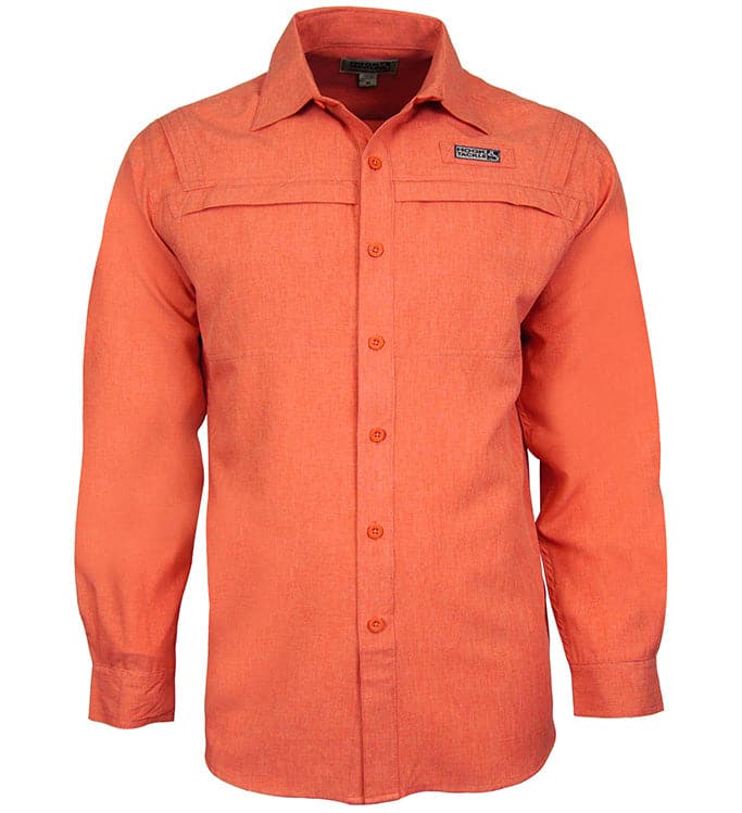 Orange button-up shirt with a brand logo on a white background