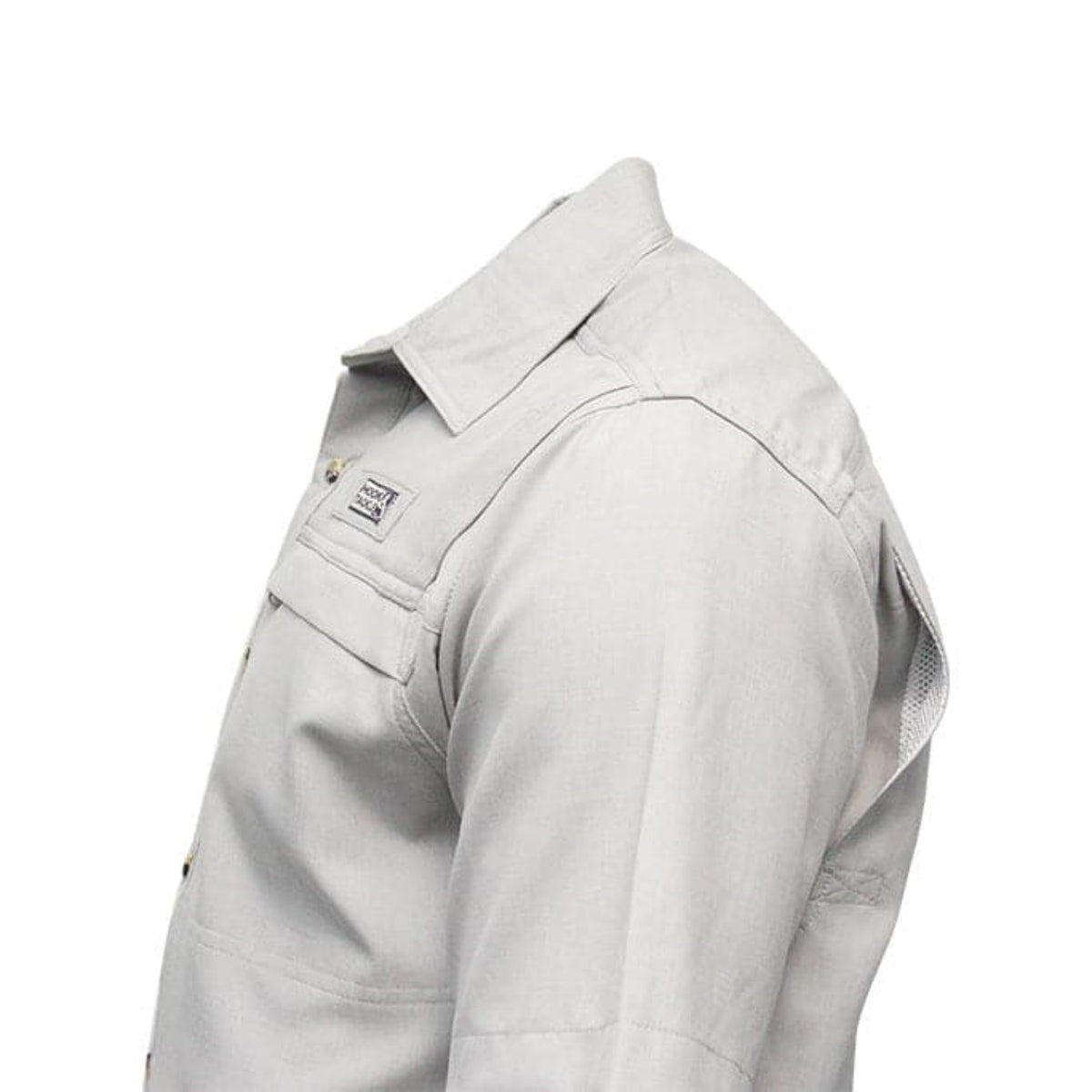 Light gray shirt with collar and pocket details on a white background