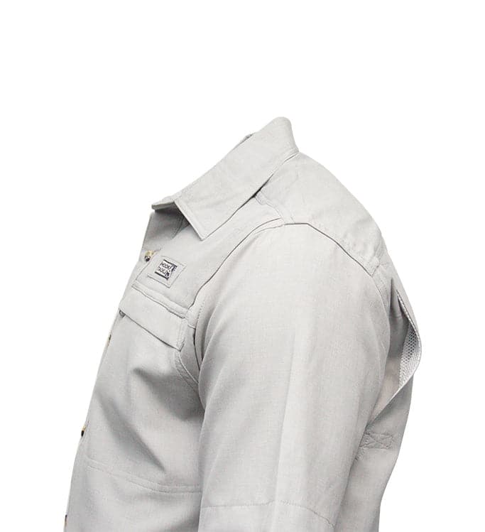 Light gray shirt with collar and pocket details on a white background