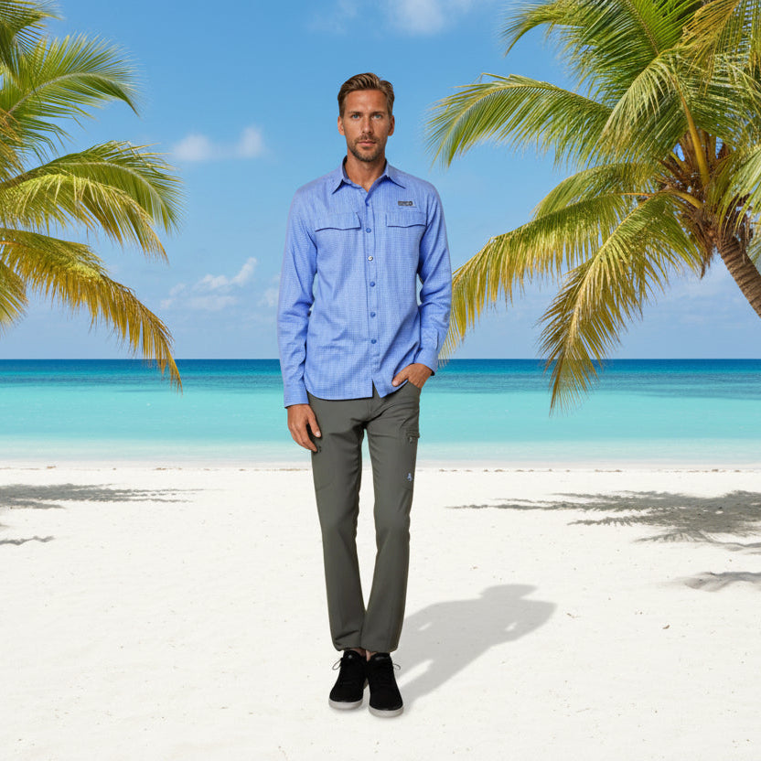 Man wearing a blue shirt and gray pants on a white background