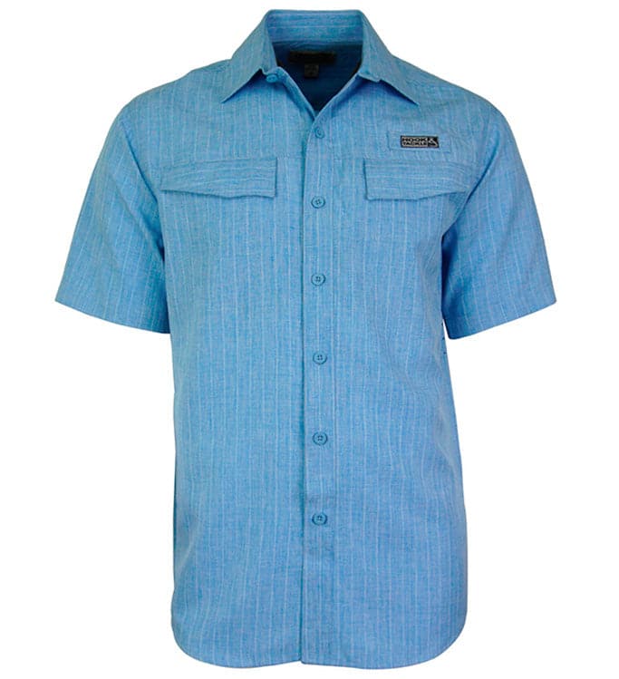 Blue short-sleeve shirt with a brand logo on a white background