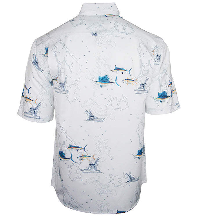 White shirt with blue fish pattern on a white background