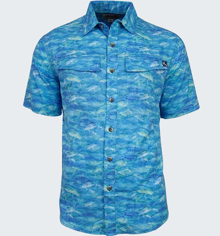 Blue patterned shirt on a white background