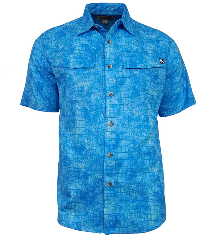 Blue patterned short-sleeve shirt on a white background