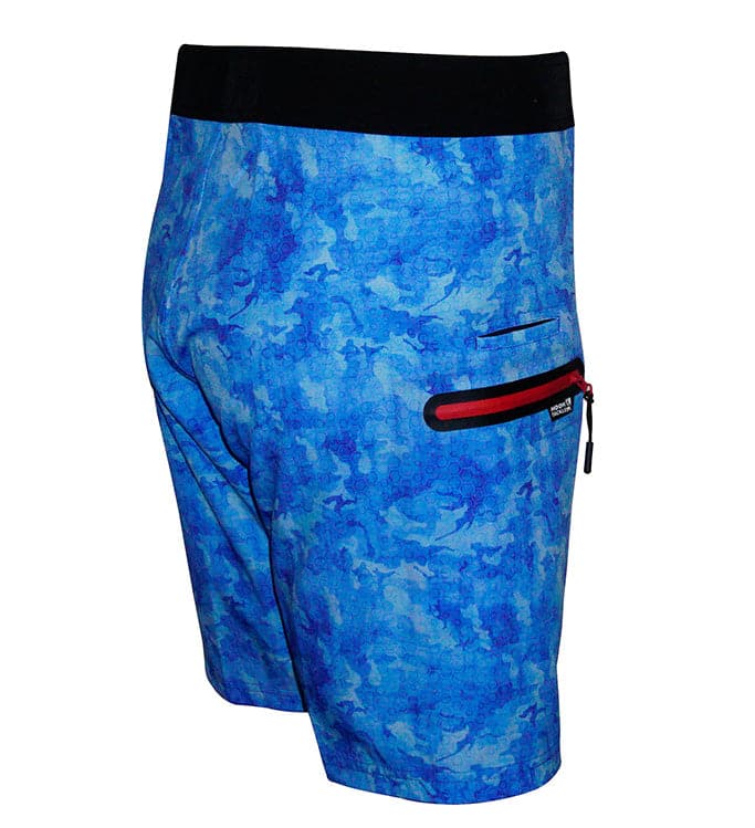 Blue camouflage shorts with a black waistband and red zipper on a white background