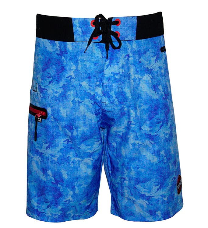 Blue camouflage shorts with black and red accents on a white background