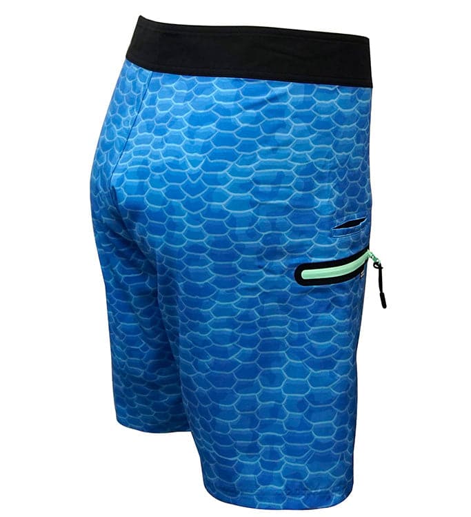 Blue patterned shorts with a black waistband on a white background