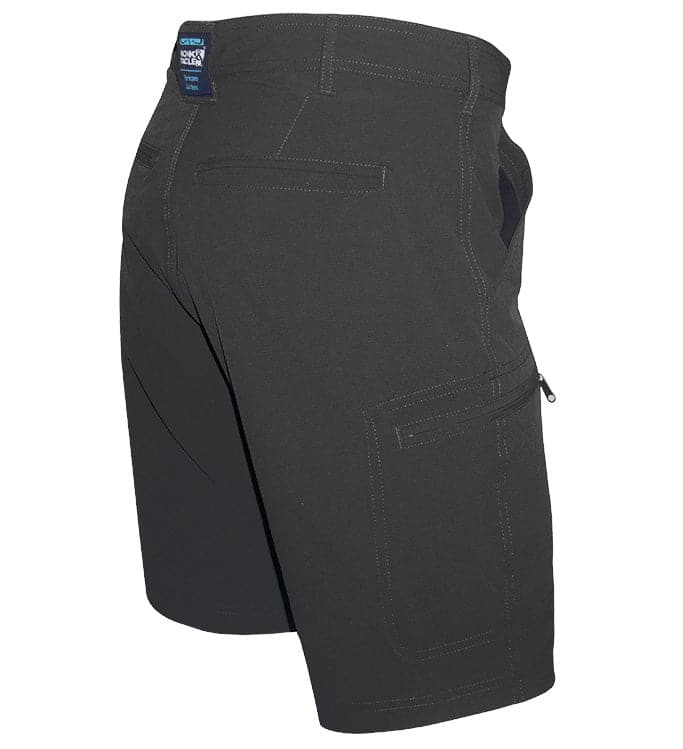 Black cargo shorts on a white background