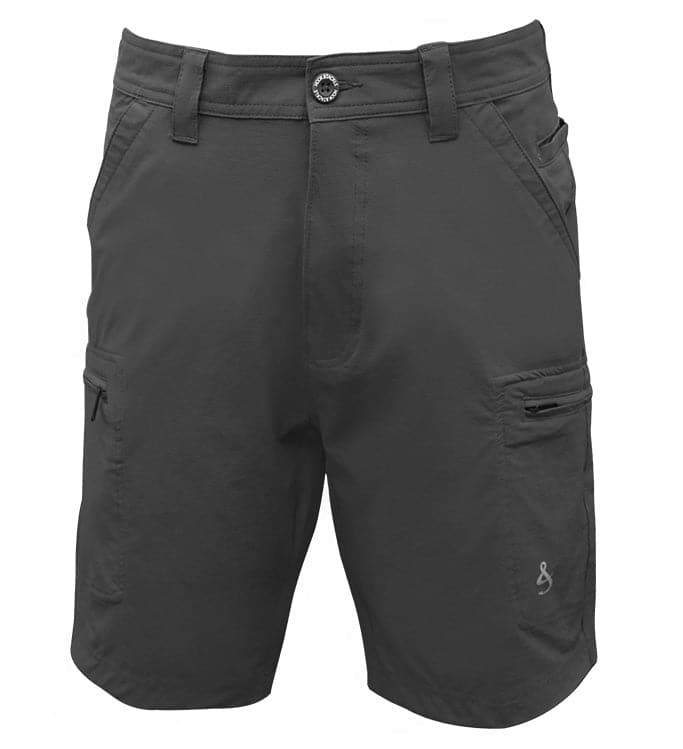 Dark gray shorts with multiple pockets on a white background