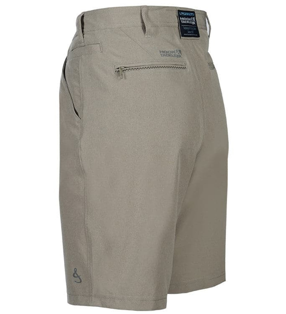 Beige shorts with a brand label on a white background
